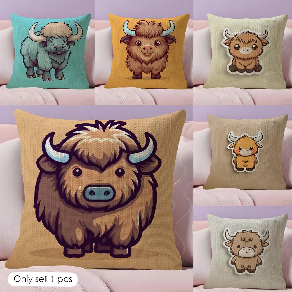 Cool Highland Cow Cushion Cover Natural Linen Pillow Cover DoubleSided Print Cushion Cover for Sofa Home Decor