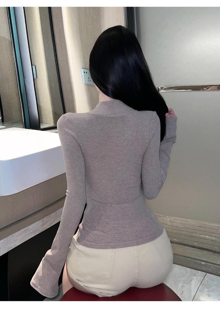 Women’s Deep V Slim Fit Long Sleeve Top - Sexy Brushed Base Layer T-shirt