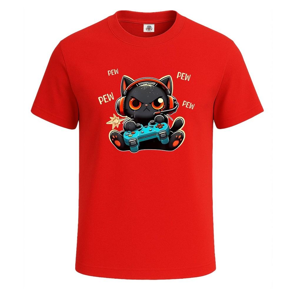 Cute Gamer Cat Pew Pew Anime Novelty Unisexs T Shirt Funny Party Shirt Top 2XL