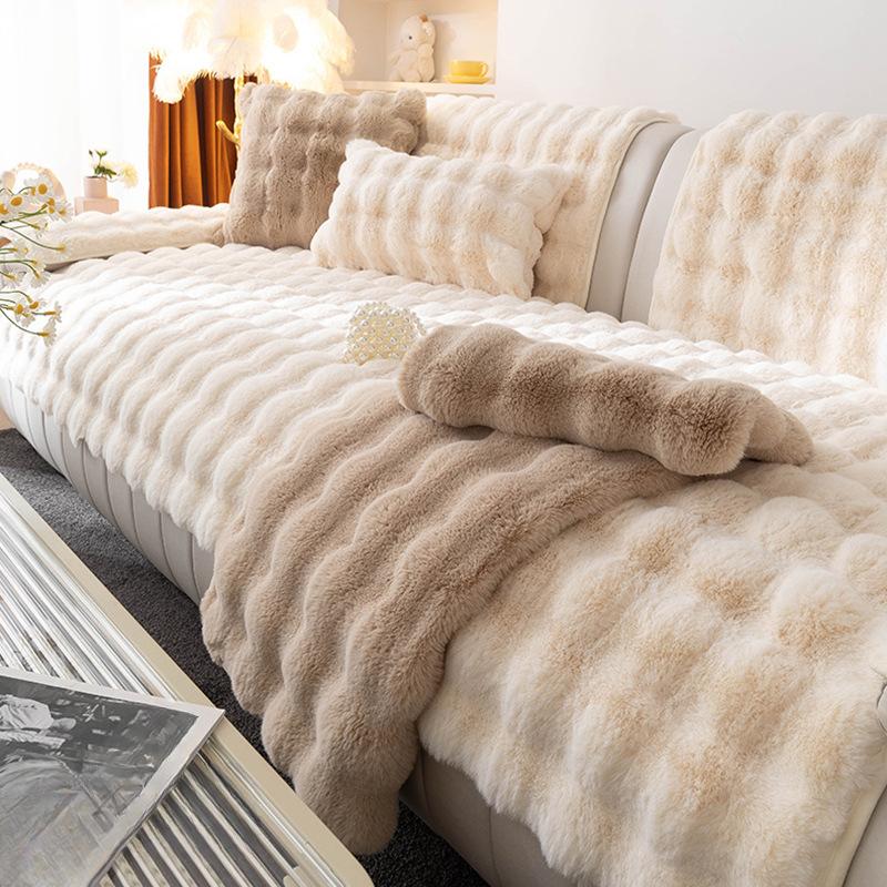 Rabbit Plush Sofa Cushion Winter Thickened Fleece Cover Warm Non-Slip Three-Seat Sofa Protector