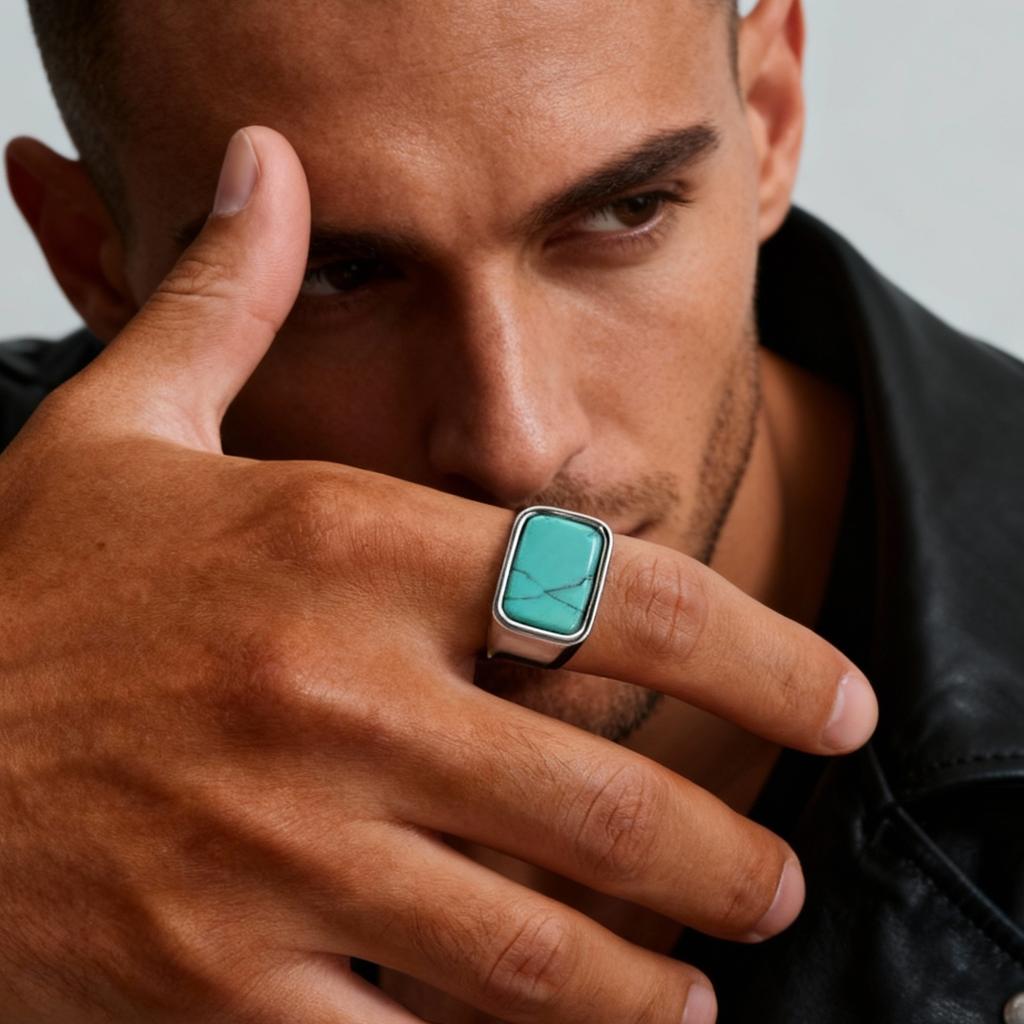Trendy Men's Square Natural Stone Ring,Stainless Steel Turquoise Tiger Eye Stone Ring,Silver Color Thumb Ring Signet Ring Gift