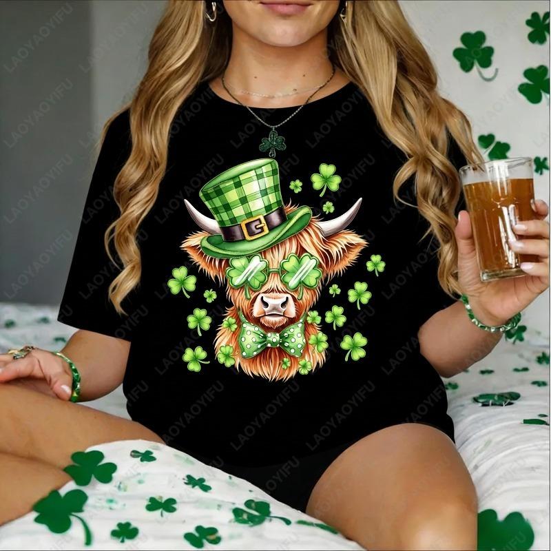 Hooglandkoe Sint-Patricksdag Katoenen Unisex Shirts Geluksklaver Zonnebril Ronde Hals Bedrukte Tops Ierse Feestjurk Ropa Mujer