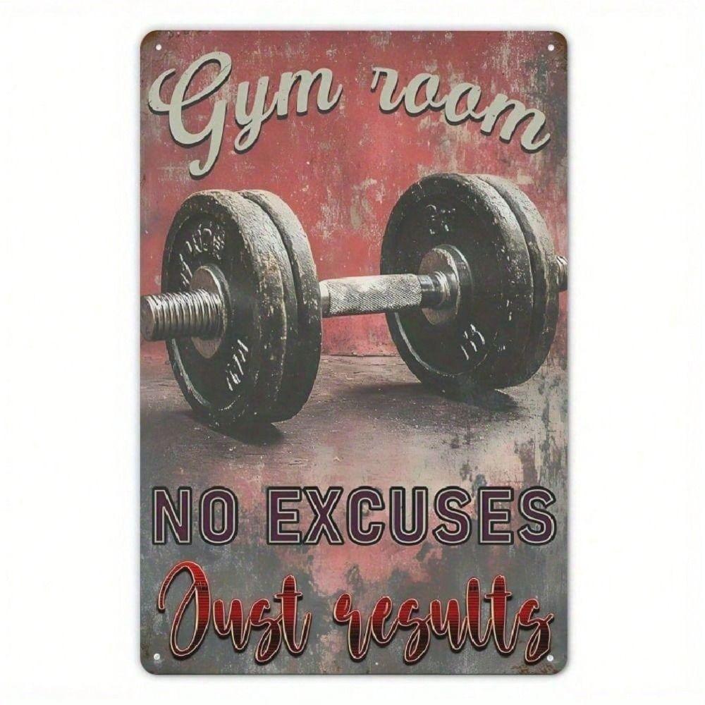 Vintage Metal Sign Wall Art, Dumbbell Weightlifting Gym Decor, No Excuses Just Results for Garage