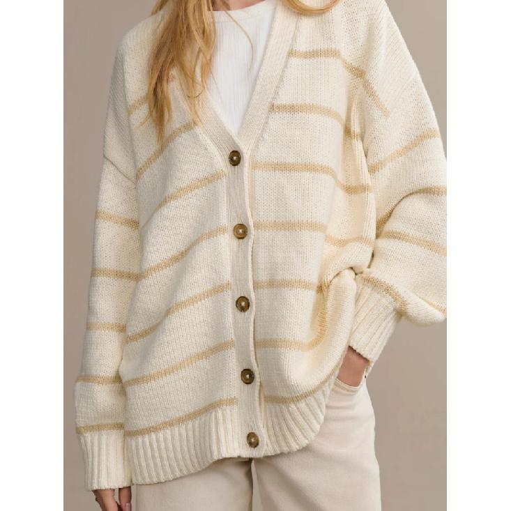 Women'S Striped Knit Cardigan V-Neck Cotton Thickened Warm Loose Fit Autumn Winter Sweater