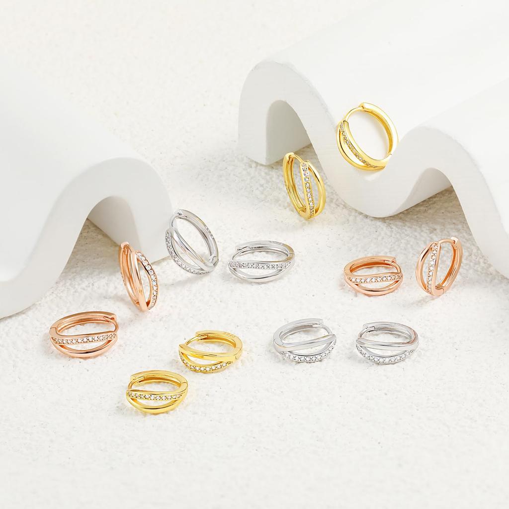 Pasurohu 18K Gold Silver Highest Quality Cubic Double Hoop Rose Genuine Jewelry Earrings, K18, Coating, 925, Zirconia, Ring, Popular, Earrings,