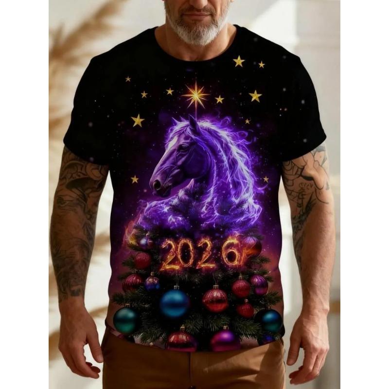 New Men's Summer Personalized Creative Horse Pattern Fashionable Comfortable Loose Large Round Neck Short Sleeve T-shirt