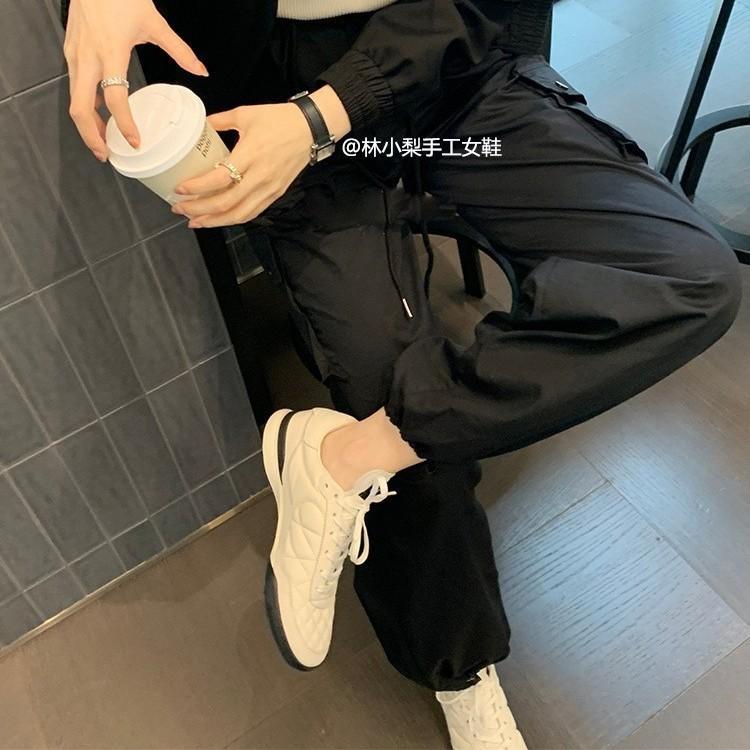 

Sheepskin version~ Genuine leather Xiaoxiangfeng thick-soled rhombus casual sports shoes women s versatile running shoes little white shoes board shoe 40