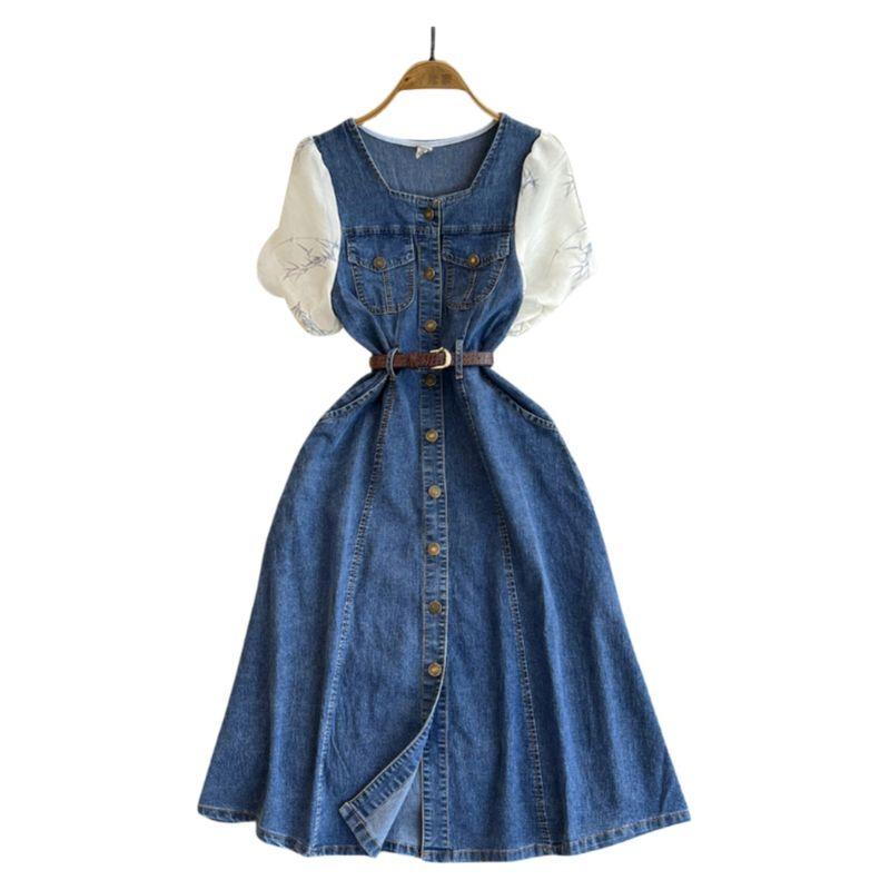 Lyocell Denim Dress Summer Dress 2025 New Patchwork Puff Sleeves Tight Waist Mid Length Long Length below the Knee plus Size Skirt