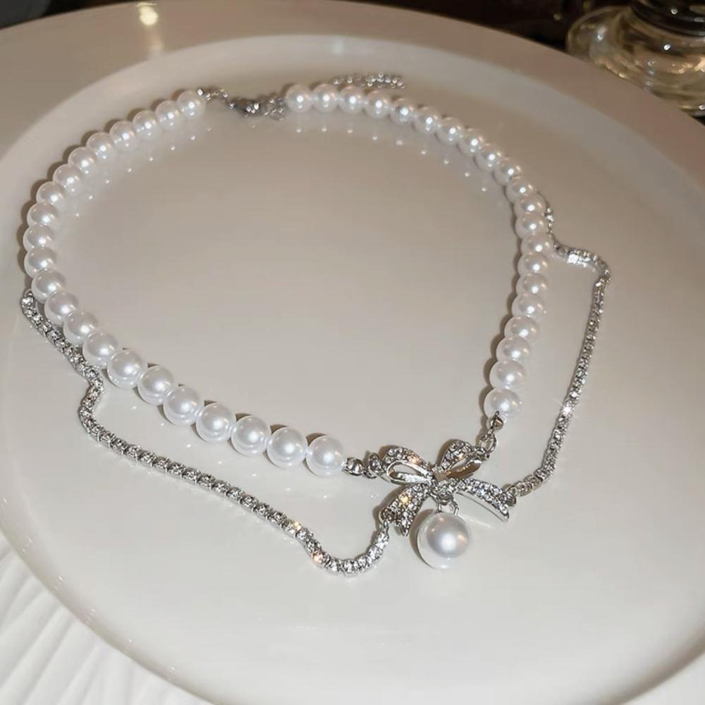 Romantisk flukt dobbeltlags sløyfe perlekjede dame lett luksus nisje frisk og søt kragebenskjede halskjede tide