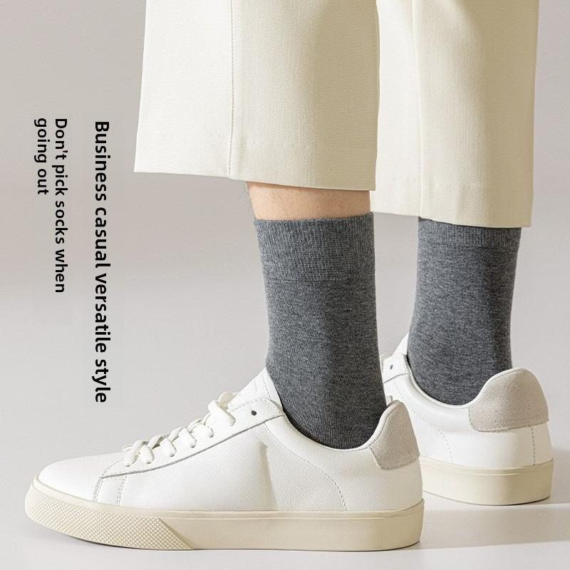 Men's Spring-Autumn Mid-Calf Sweater Cotton Socks with Wicking and Antimicrobial Properties, Pure Color, Business Use