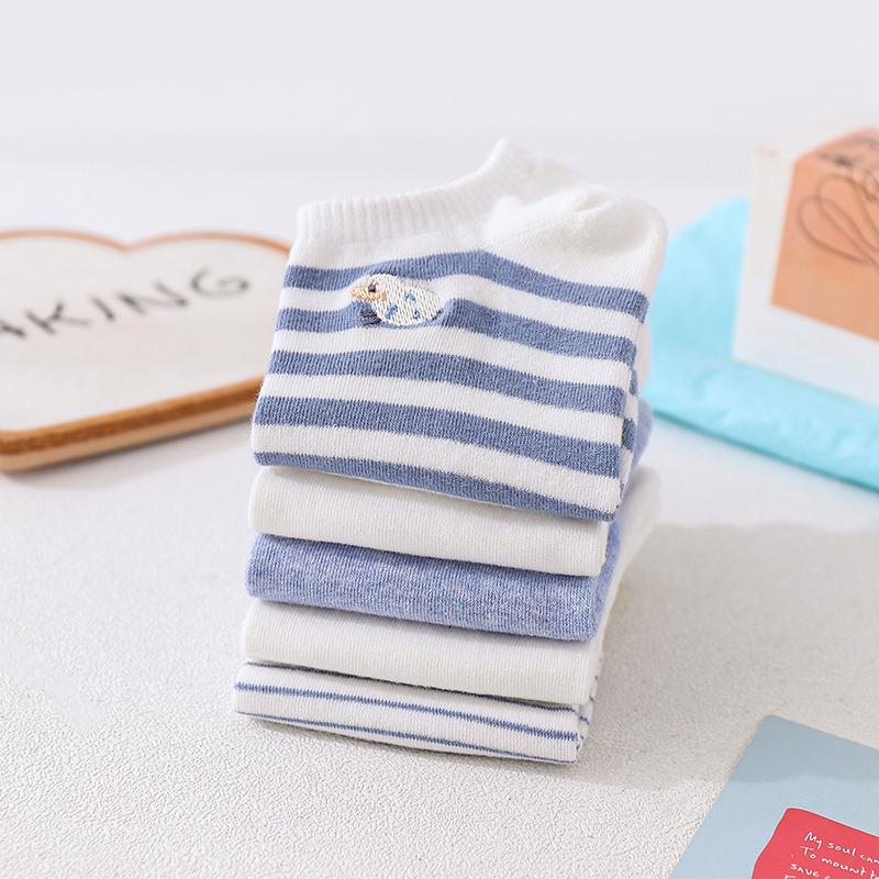 5 Pairs Women Socks Harajuku Embroidered Short Sock Female Cartoon Sock Sheep Striped Solid Casual Cotton Breathable Ankle Socks