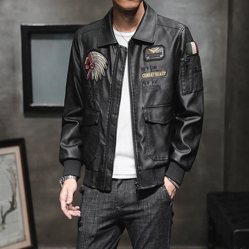 Giacca da uomo in pelle PU Giacca da moto da uomo con bavero ricamato Giacca in pelle casual di tendenza da uomo per primavera e autunno