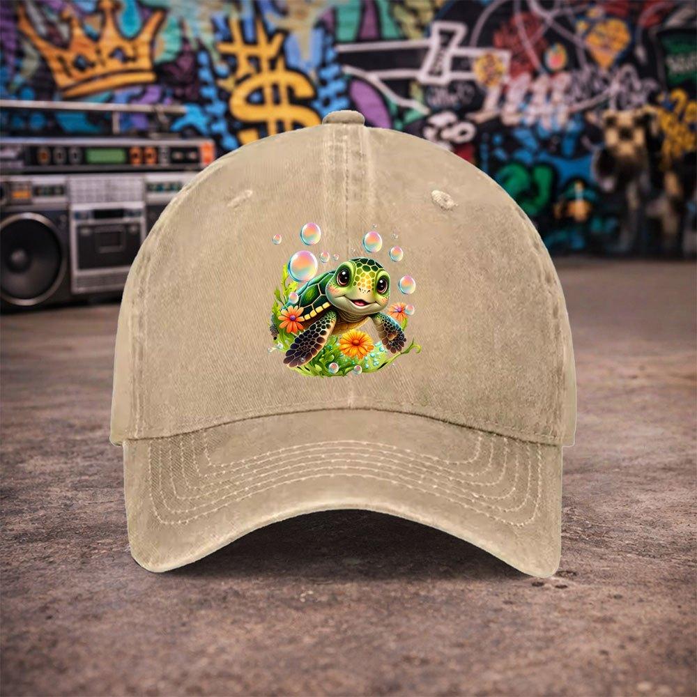 pc Unisex Cute Sea Turtle and Flower Vintage Washed Baseball Cap Unisexs Trendy Hat Versatile Duckbill Cap Fun Print A Un