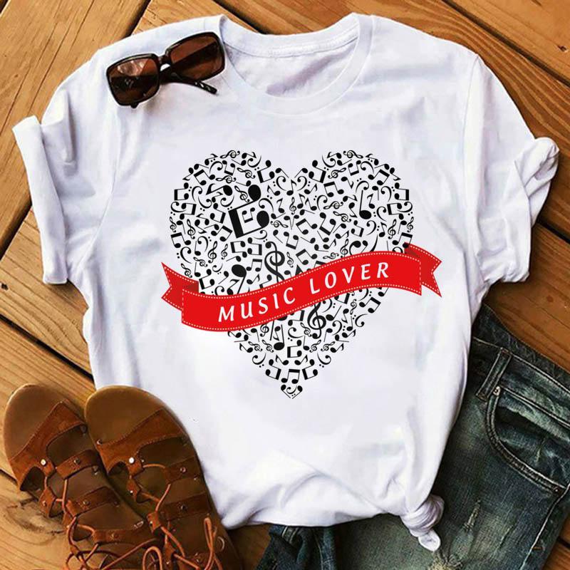 Music Note Heart Pinted T Shirt Fashion Women T Shirt 90S Girls Ladies Tops Cute Short Sleeve Tee Shirts Women T-Shirt Clothing