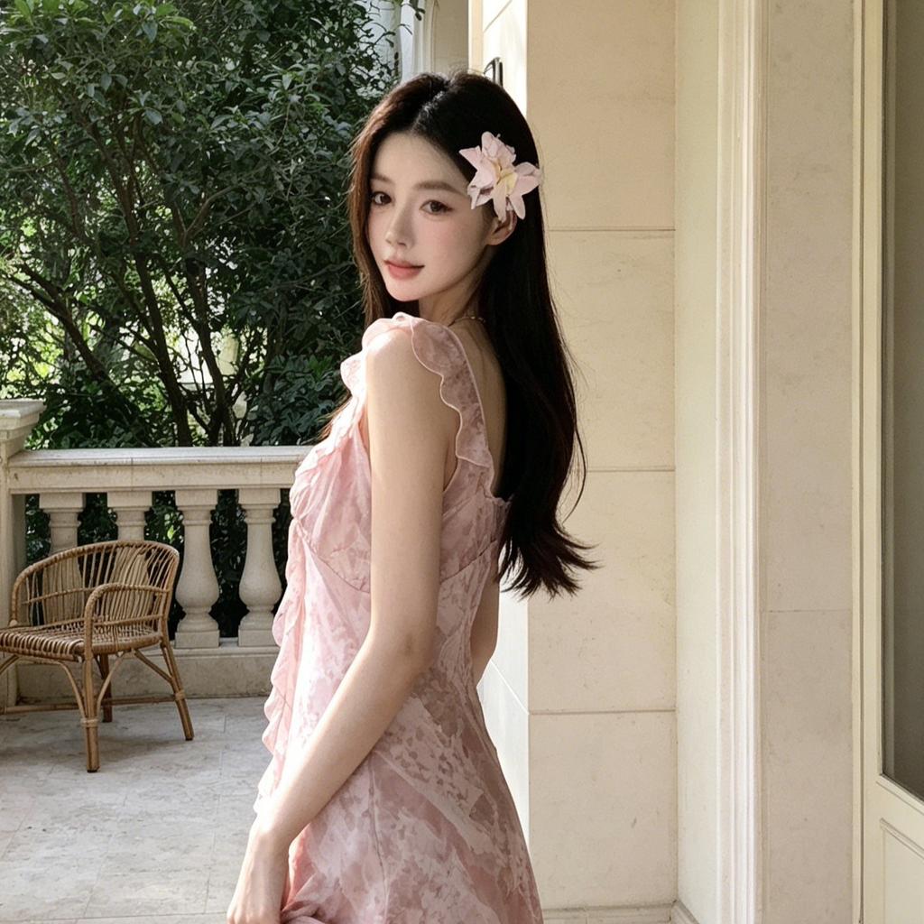 French Style Elegant V-neck Print Dress Women's Summer Long Dress Pink Waist Thin Sweet Temperament Dress Women