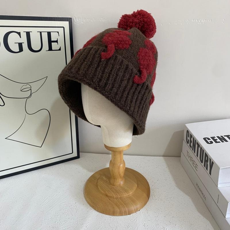 JYL TS DIY Cat Beanie Unisex Autumn Winter Color Block Pom-pom Warm Hat Acrylic