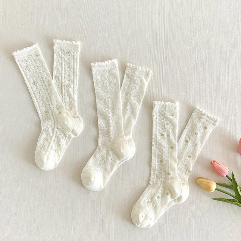 3Pairs/Set White Floral Baby Girls Socks Summer Breathable Mesh Knee High Sock Korean Kids Princess Ruffle Long Socks