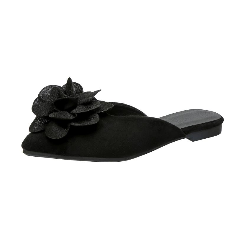 Fashion Leisure Black Cloesd Toe Slippers Women 2025 Summer Leopard Flat Heels Shoes Women Big Flower Slip On Daily Shoes Women