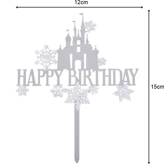 Happy Birthday Castle Cake Topper Silver Acrylic