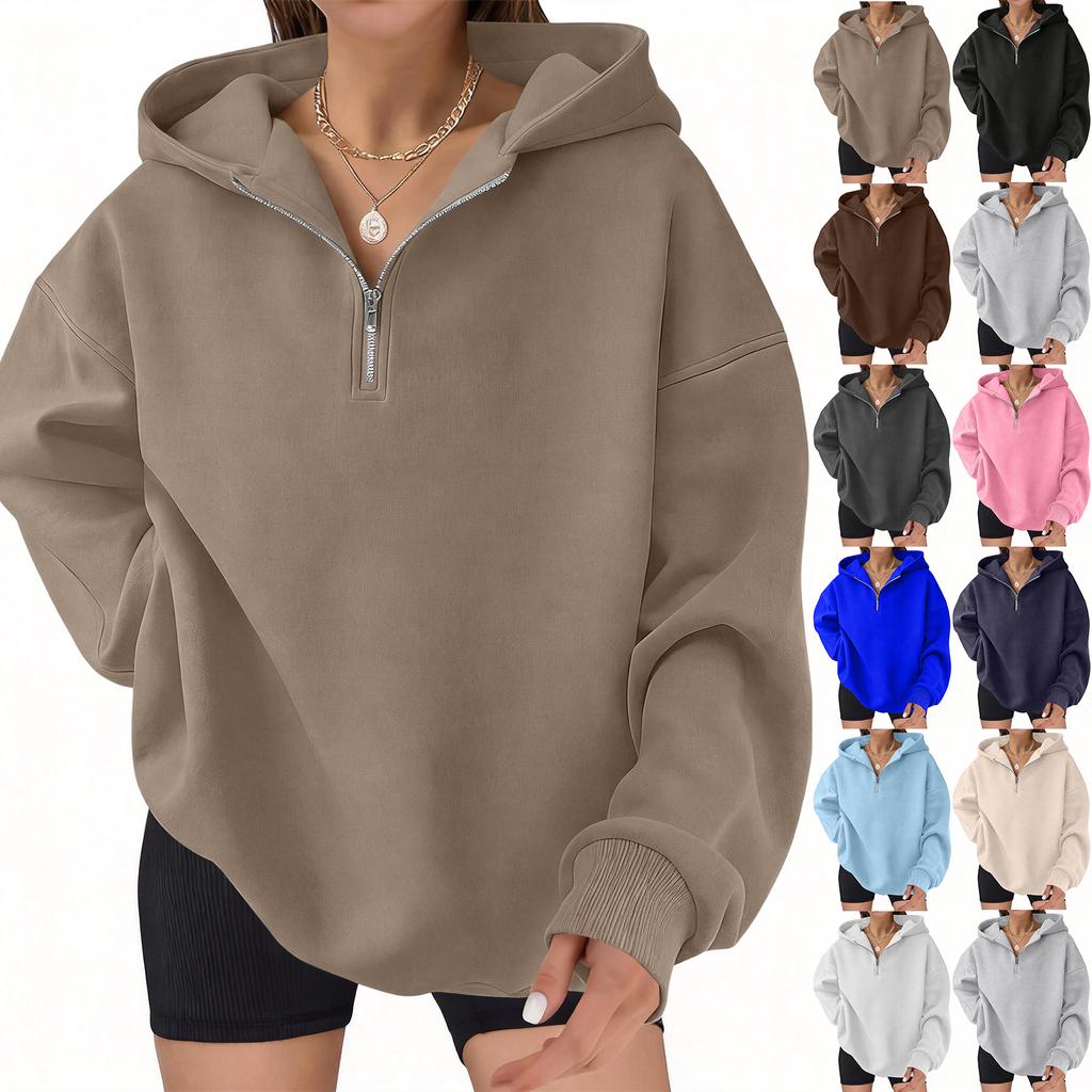 Women's casual fashionable long-sleeved hooded pullover with half-zip on the chest