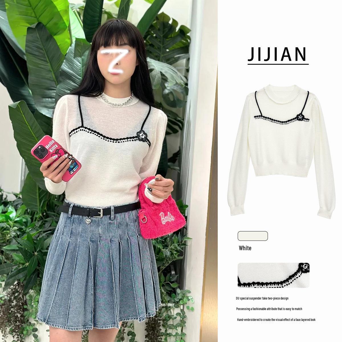 

Elegant Women s Knit Top with White Lace Collar and Floral Brooch S белый