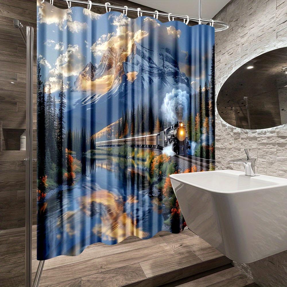 1Pc Scenic Train Shower Curtain, Colorful Mountain View, Bathroom Decor, Polyester Fabric, Featuring Nature Landscape, Includes