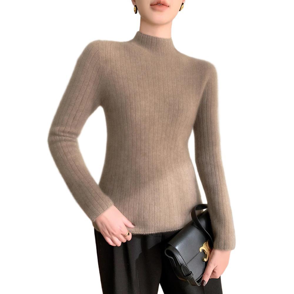 Premium Cashmere Rib-Knit Women's Slim-Fit Warm Sweater - Semi-High Neck, Thickened for Autumn & Winter.