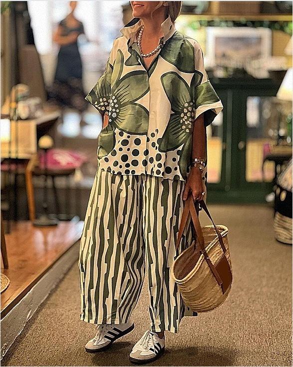 New European and American summer women s lapel loose geometric printing casual suit S зелёный