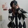 Japanese Academy Diamond Pattern Loose Knit Cardigan - Women's Slimming Color Block Sweater