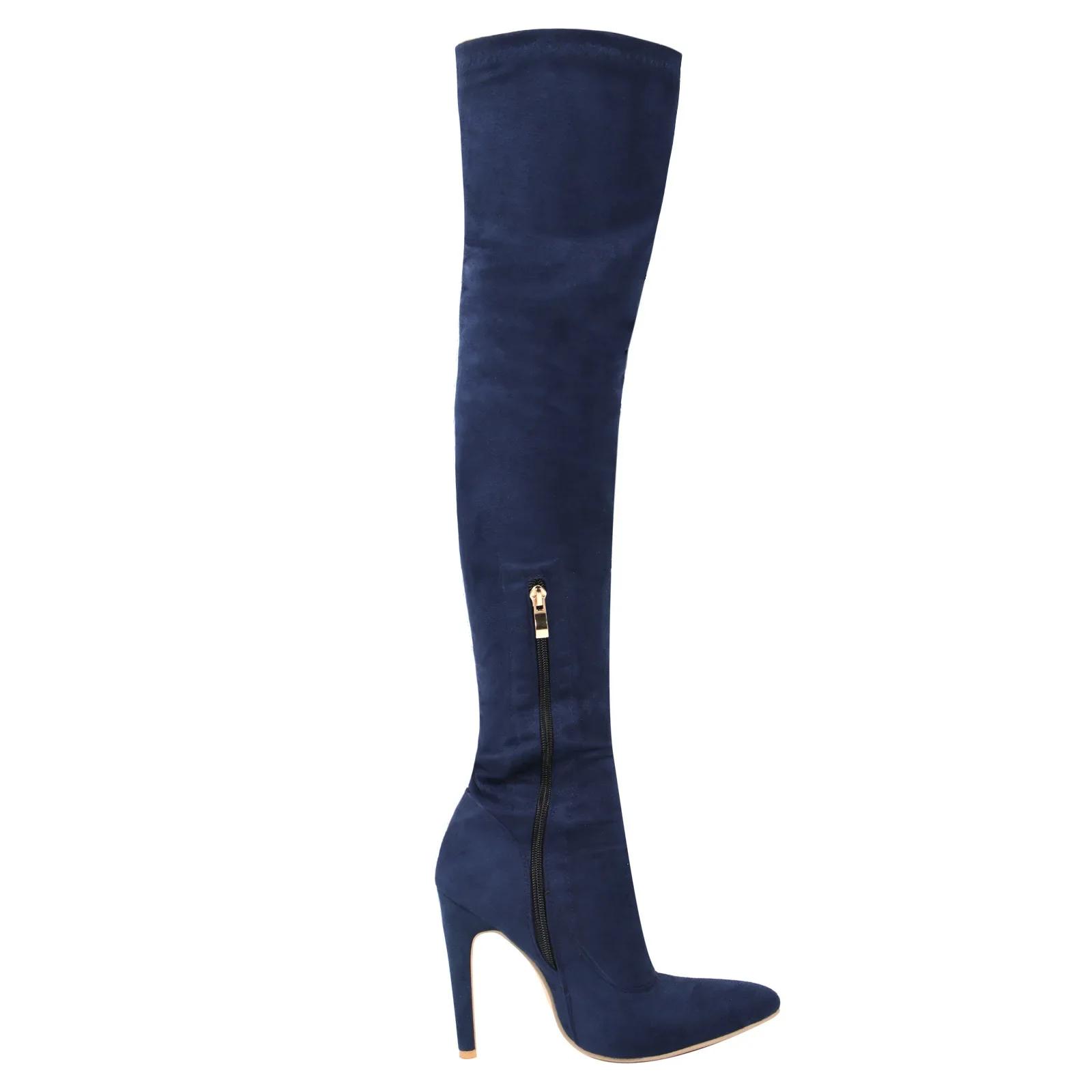 

Черные модные сапоги выше колена с боковой молнией на высоком каблуке 11 см тонкие замшевые эластичные сапоги женская обувь Zapatos Mujer Botas 34