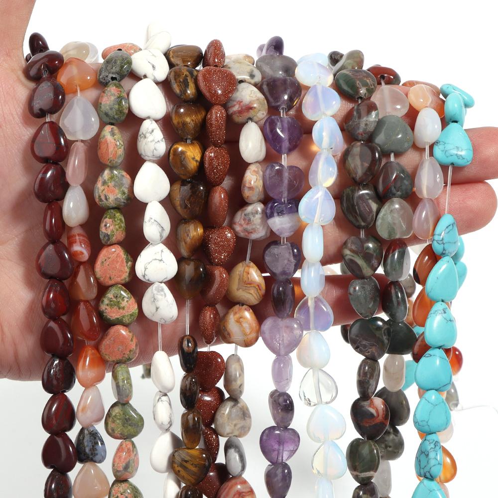 1 String Natural Stone Colorful Heart shaped Agate Tiger Eye Amethyst Blue Pine Spacer Beads DIY Charm Bracelet Necklace Jewelry
