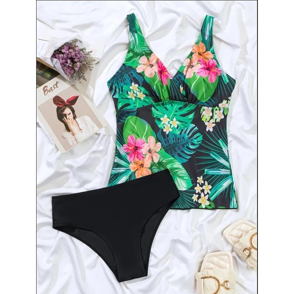 Tvådelad baddräkt med bladtryck Dam Badkläder Plus Size Tankini-set Kvinnliga Strandkläder Baddräkt Dam Baddräkter