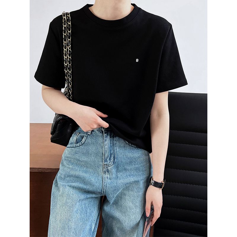 

Модная женская футболка без воротника с вышивкой и короткими рукавами Black M