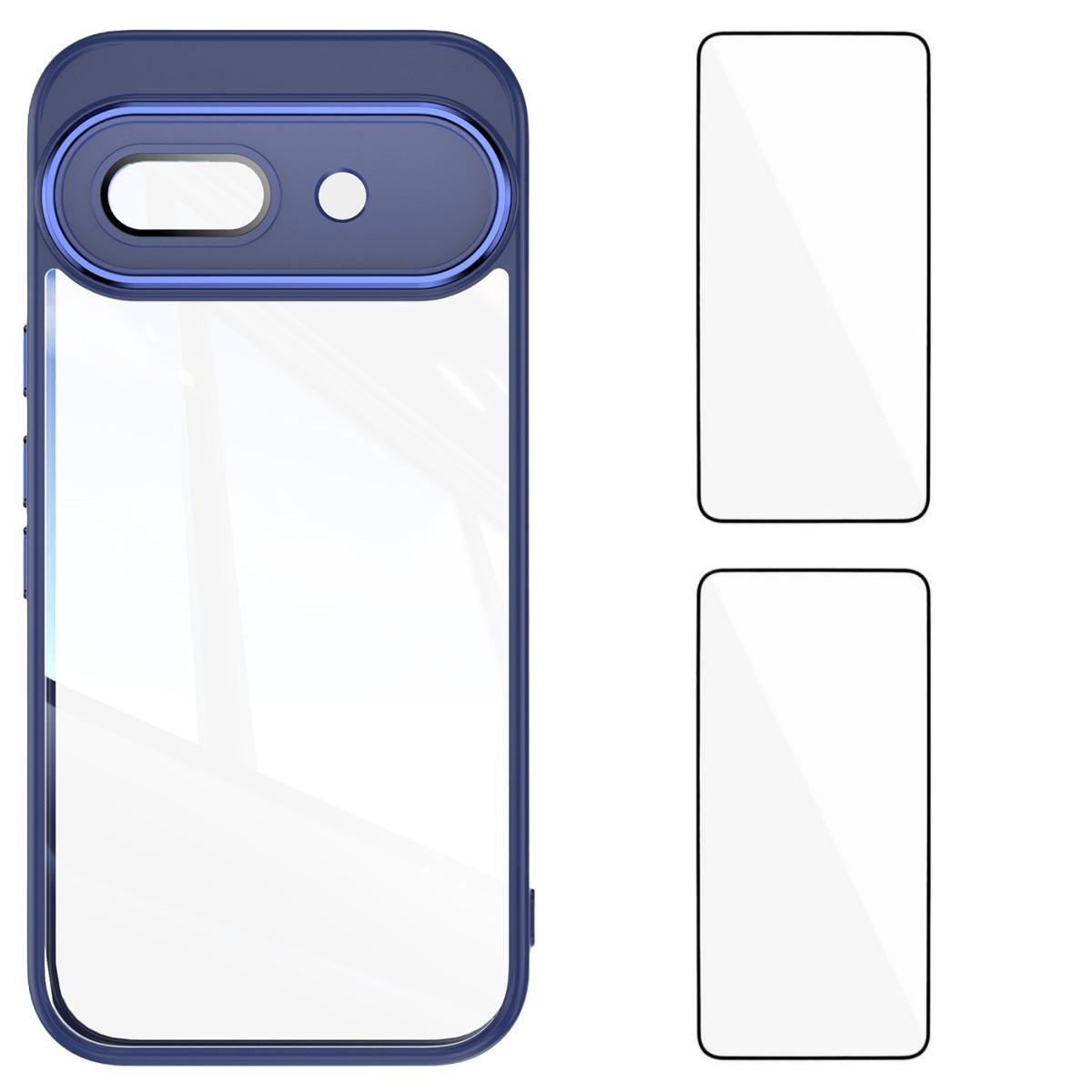 

For Google Pixel 9a TPU Case WANLONFENG Drop-proof Clear Phone Cover with 2Pcs Tempered Glass Film Blue