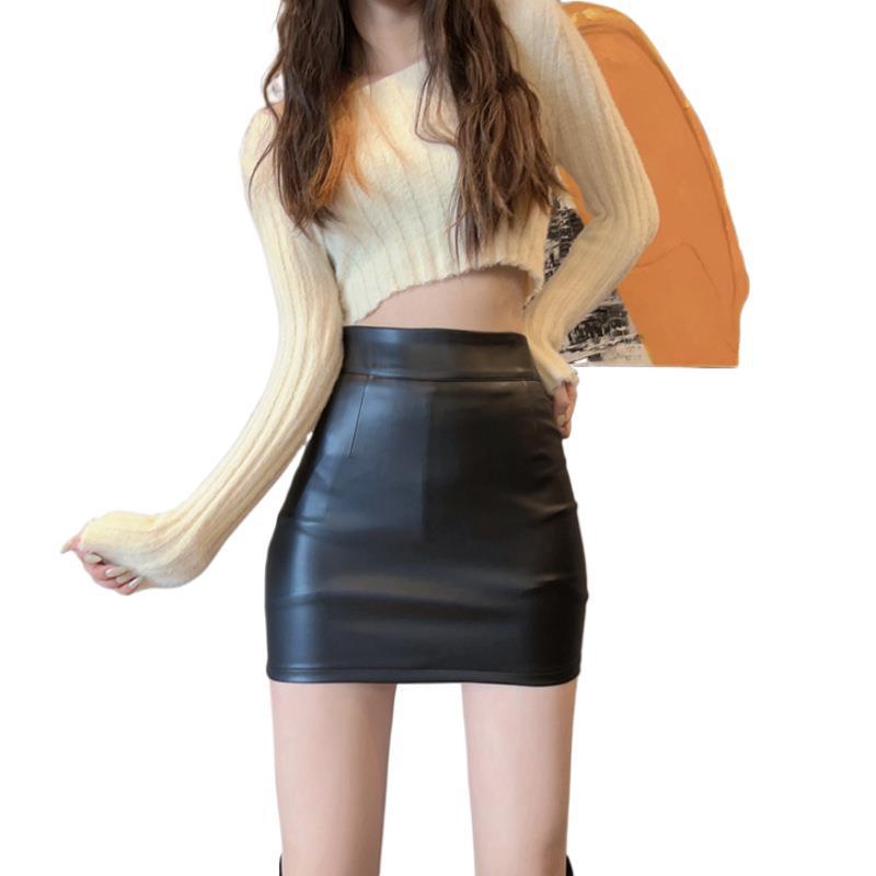 Women's Korean Style High-Waisted Black PU Leather Skirt - Autumn/Winter Slim A-Line, Hip-Hugging Design