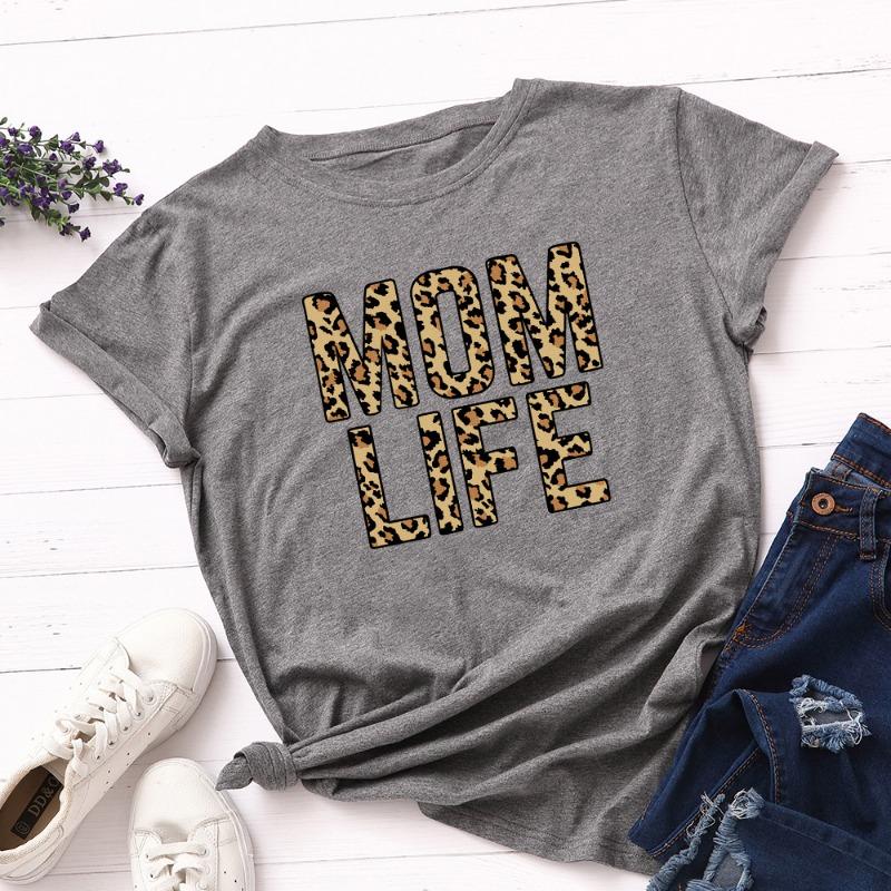 Summer Women's Leopard Print Creative Text MOM LIFE Print Loose Round Neck Short Sleeved Pure Cotton T-Shirts Women’s