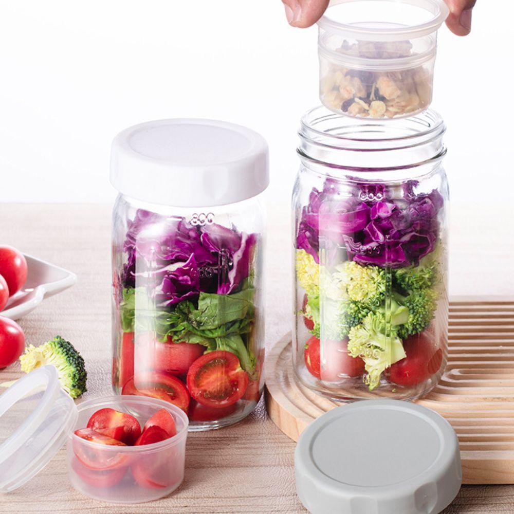 Pacote com 4 Potes de Vidro para Salada de 32 Oz com Recipiente para Molho Embutido e Marcações de Escala Potes Mason Jars Separação Úmido e Seco Copo à Prova de Vazamentos para Aveia