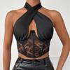 Women's Fashion Casual Stitched Lace Neck Tie Wrap Chest Steel Ring Fishbone  Girl Vest