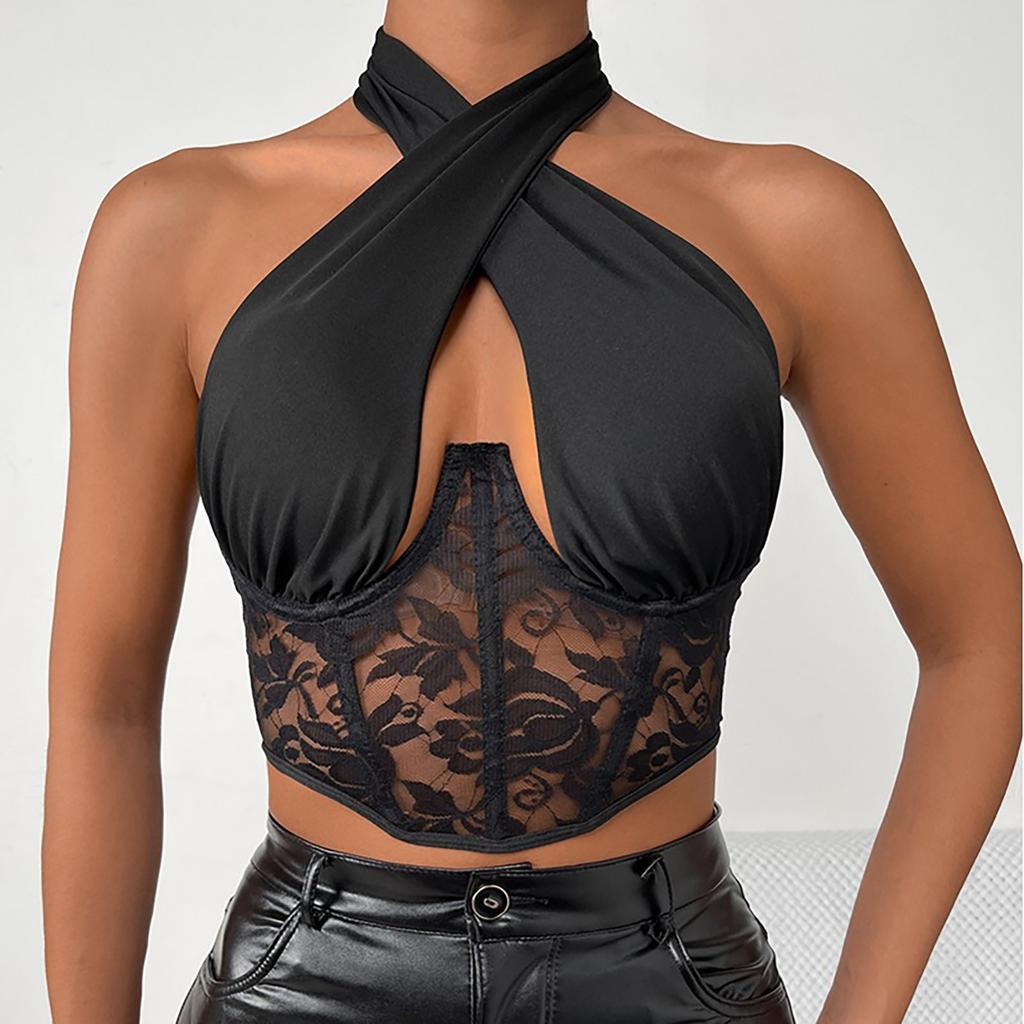 Women's Fashion Casual Stitched Lace Neck Tie Wrap Chest Steel Ring Fishbone  Girl Vest
