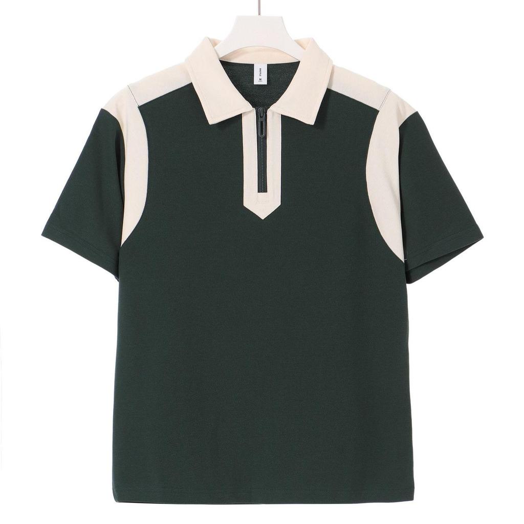 Trendy College Style Contrast Polo: Heavy 240g Pearl Cotton, Half-Zip, Drop Shoulder, Short Sleeve