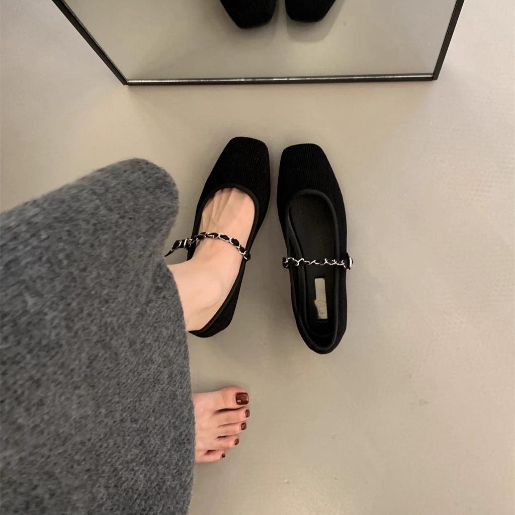 Retro Square Head Shallow Mouth Single Shoes Women's Spring and Autumn New Corduroy Beanie Shoes Women's Flat Casual Fairy Mary Jane Shoes