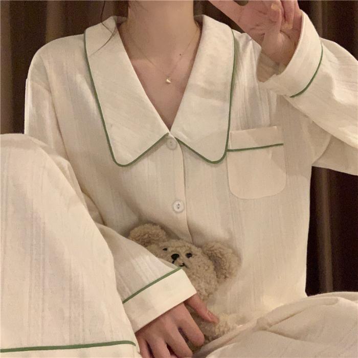 Women Long Sleeve Trousers Soft Pajamas Dormir Lounge Sleepwear Solid White Pajama Bedroom Home Clothes Female Pyjamas