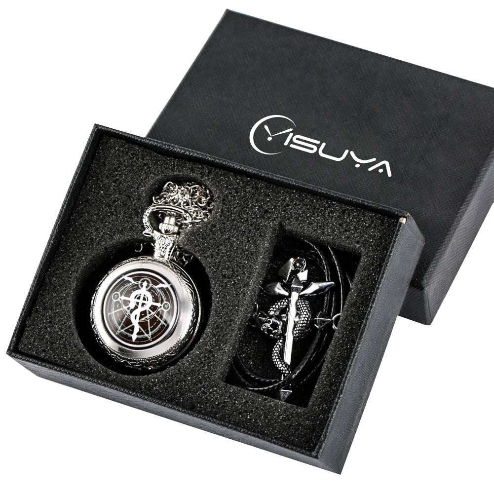 Fullmetal Alchemist Silver/Bronze Pocket Watch Pendant Men's Quartz Pocket Watch Japan Anime Necklace Clock High Grade Gifts Set