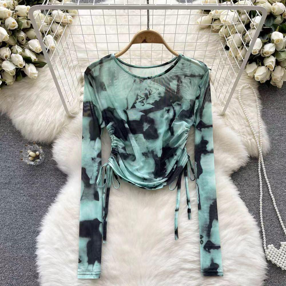 Stylish Summer Tie-Dye Mesh Long-Sleeve T-Shirt with Drawstring