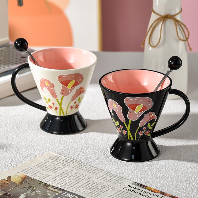 Good looking Embossed Coffee Cup with Spoon High End Exquisite Flower Mug Ceramic Design Niche Retro Features