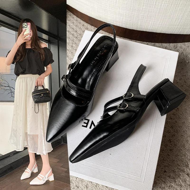 Comfort Shoes for Women Buckle Luxury Sandals Block Heels 2025 Summer Suit Female Beige Med Retro Fashion Chunky Girls