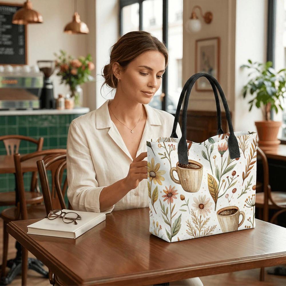 Boho Floral Coffee Print Canvas Tote Bag Casual Daily Shoulder Handbag for Shopping Travel