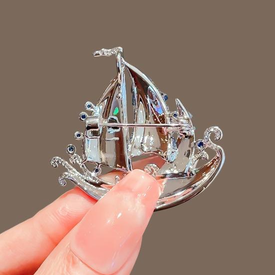 Brooch Pin Sailing Boat Design Brooch with Blue Enamel Waves And Faux Crystal
