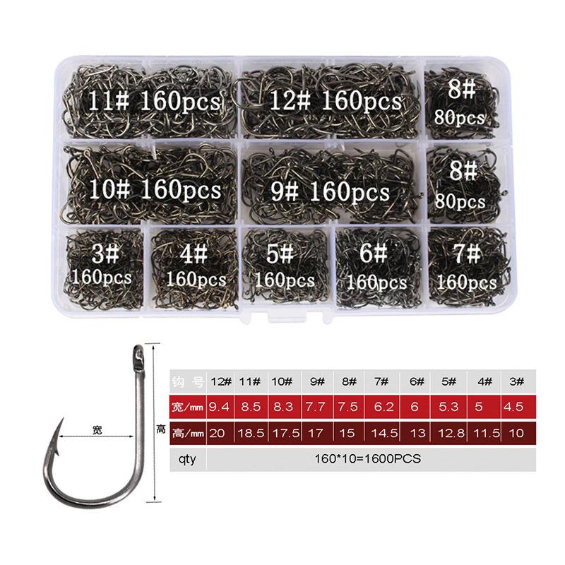 High Quality 1600PCS Premium Fishhooks 10 Sizes Carbon Steel Box With Fishing Hooks W/Portable Plastic Box