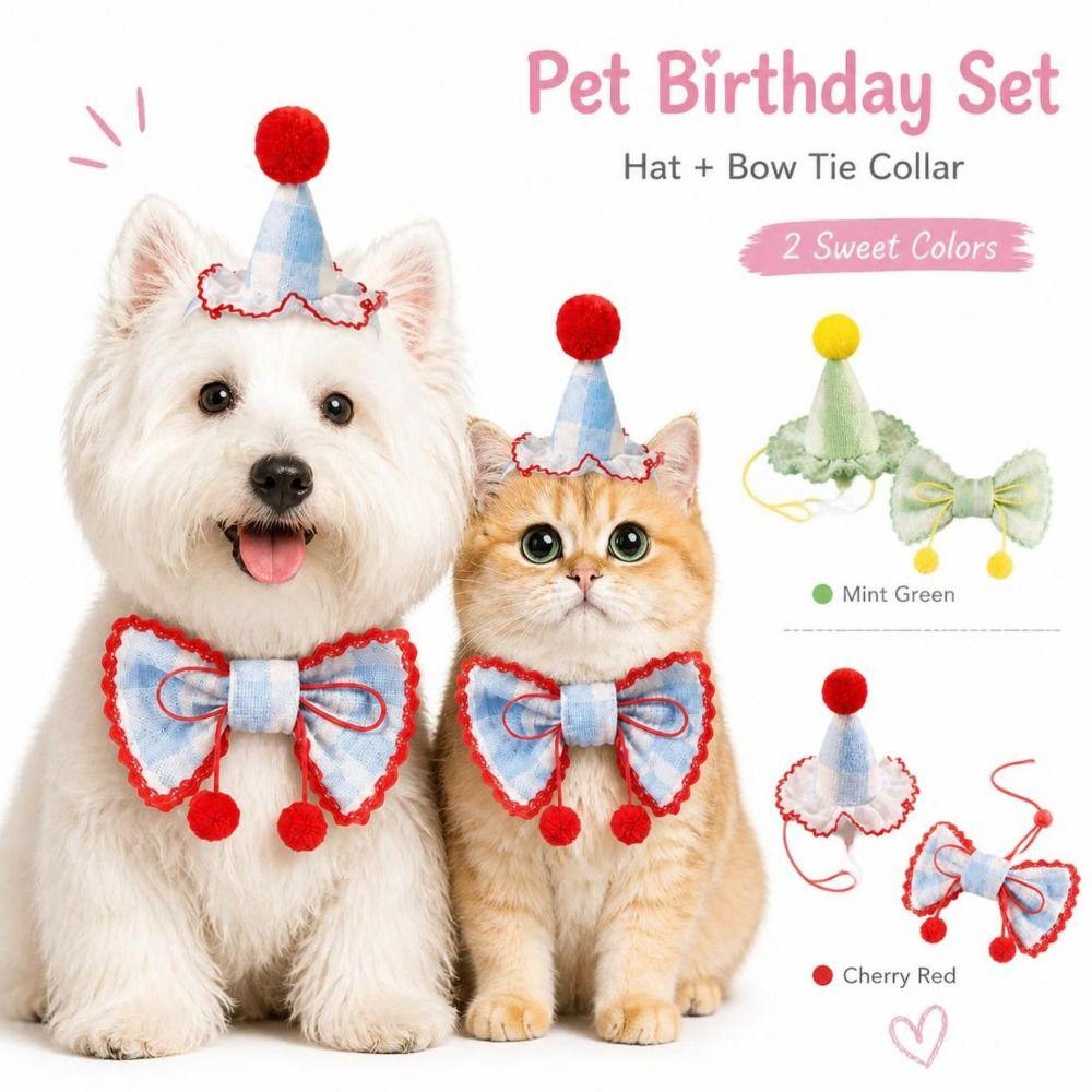 Bow Tie Pet Party Hat Set Drool Towel Pet Photo Prop Cute Pet Accessories For Cat